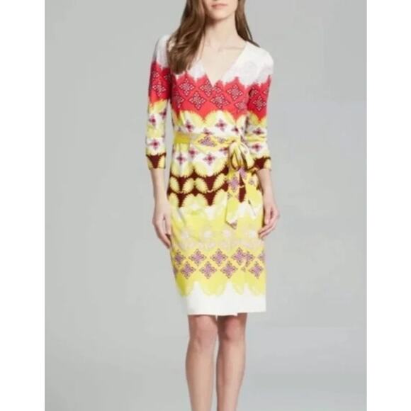 Diane Von Furstenberg Dress Womens 6 Yellow Red Julian Indian Border Wrap Silk - Picture 1 of 16